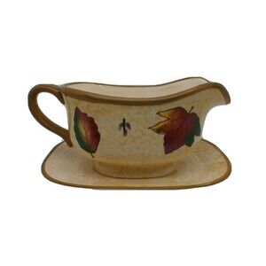 2 Piece Leaf Gravy Boat w/ Saucer Tan Brown Green Harvest Fall Asia Master Group